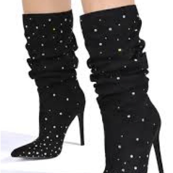 Rhinestone decor, slouch Elegant Black Studded Women's Boots - Picture 5 of 8